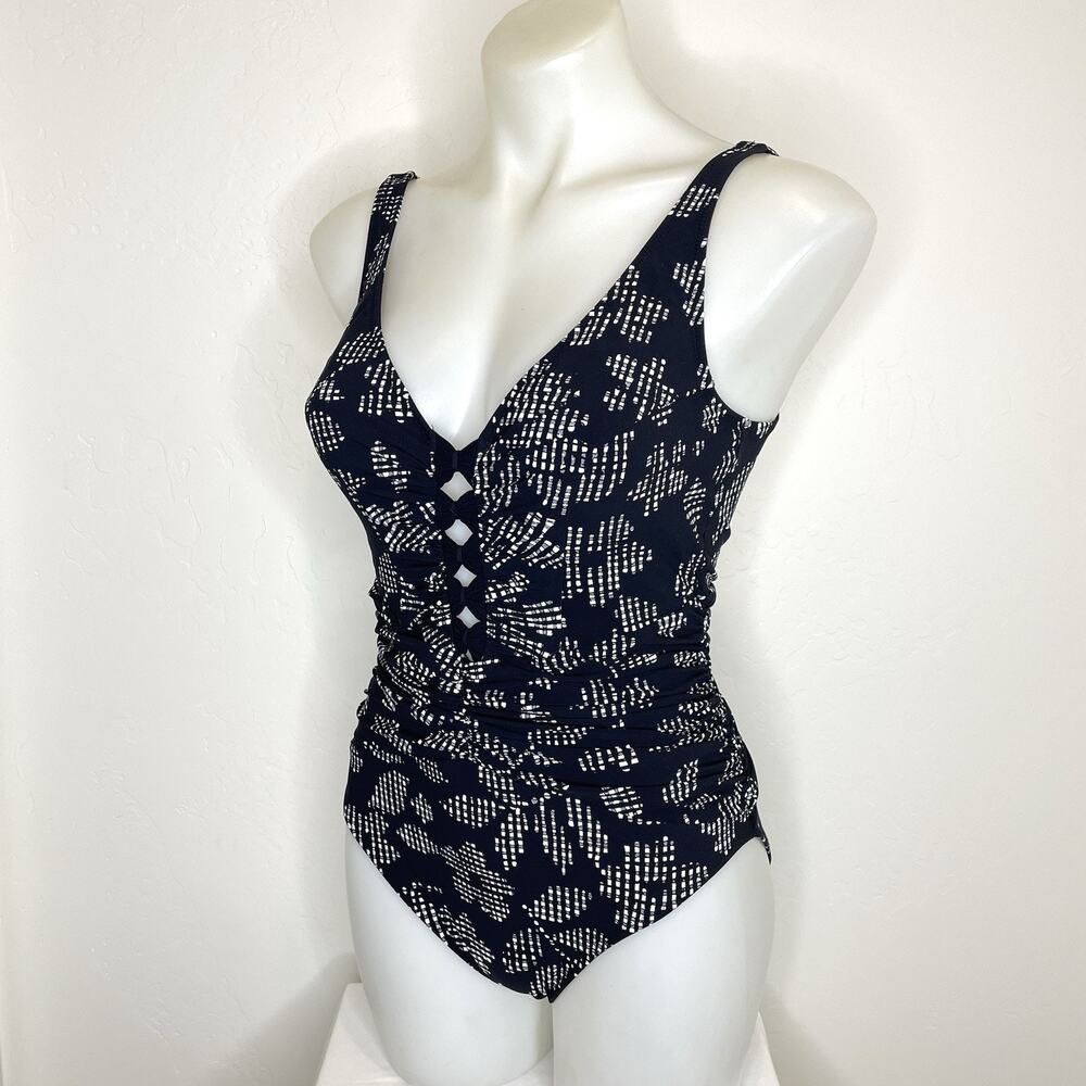 Gottex Pepita One Piece Swimsuit Bow Front Keyhole Ruched Womens 6 Black White